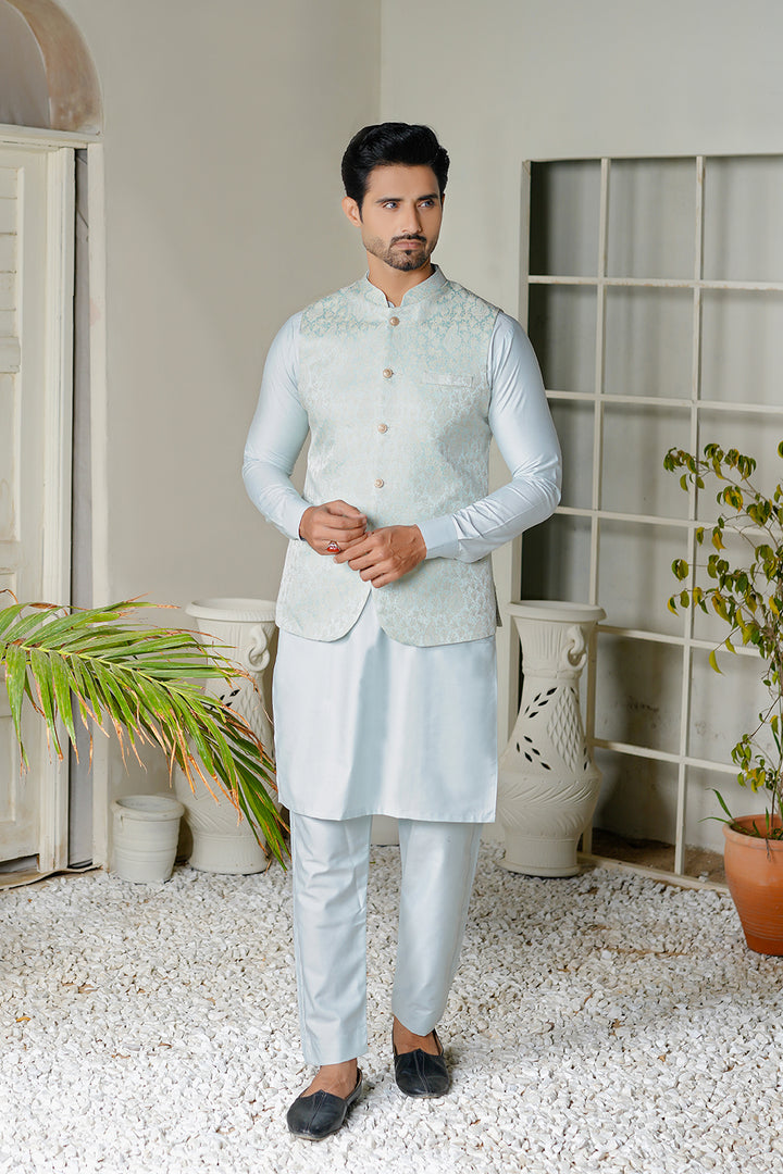 Sky Blue Embroidered Waistcoat