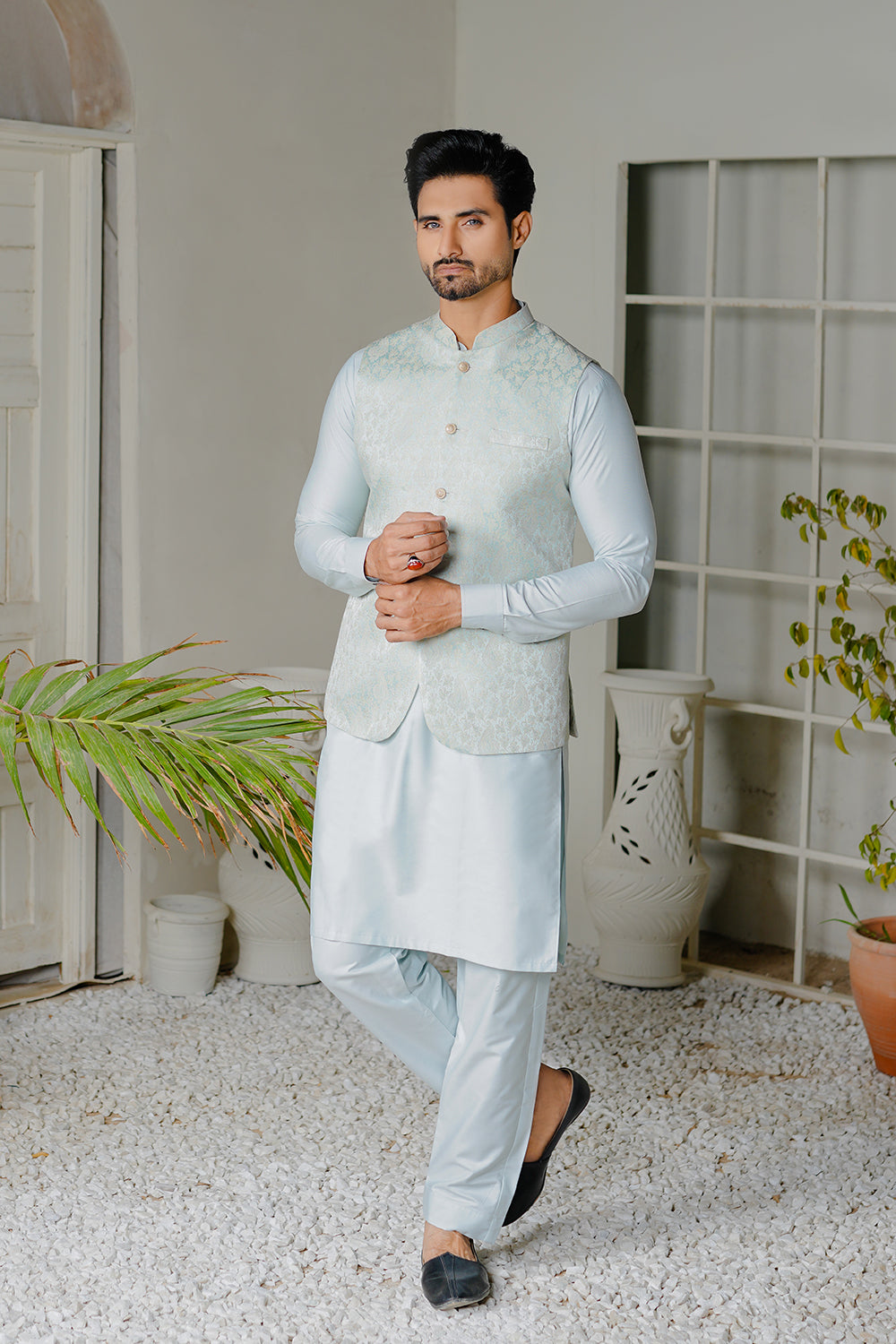 Sky Blue Embroidered Waistcoat