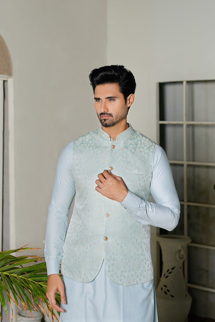 Sky Blue Embroidered Waistcoat