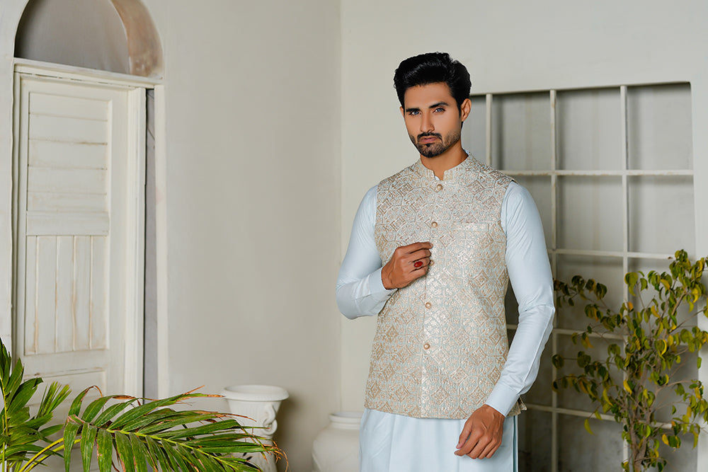 Sky Blue Embroidered Waistcoat