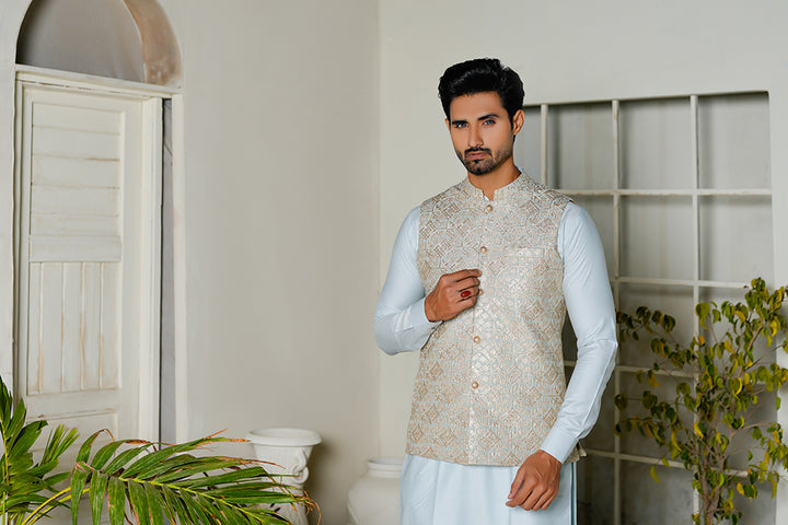 Sky Blue Embroidered Waistcoat