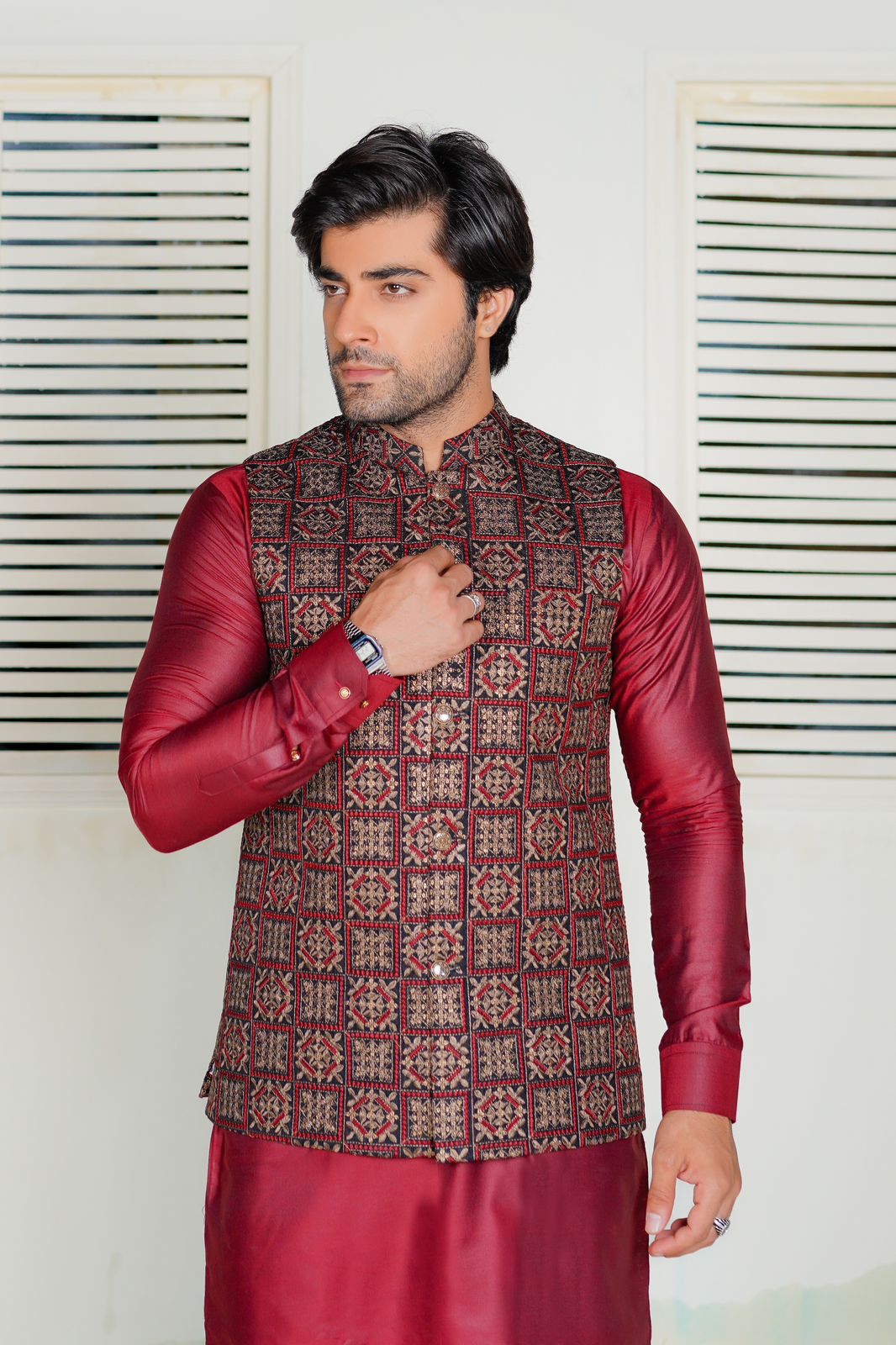 Maroon Embroidered Waistcoat