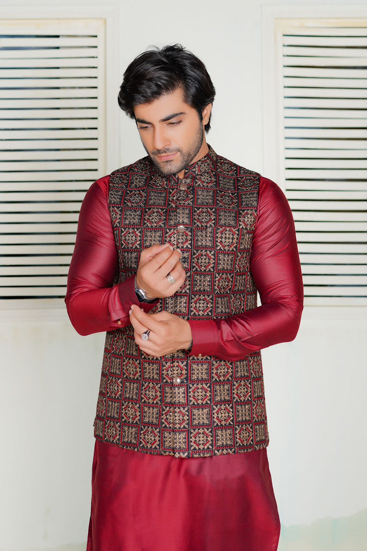 Maroon Embroidered Waistcoat