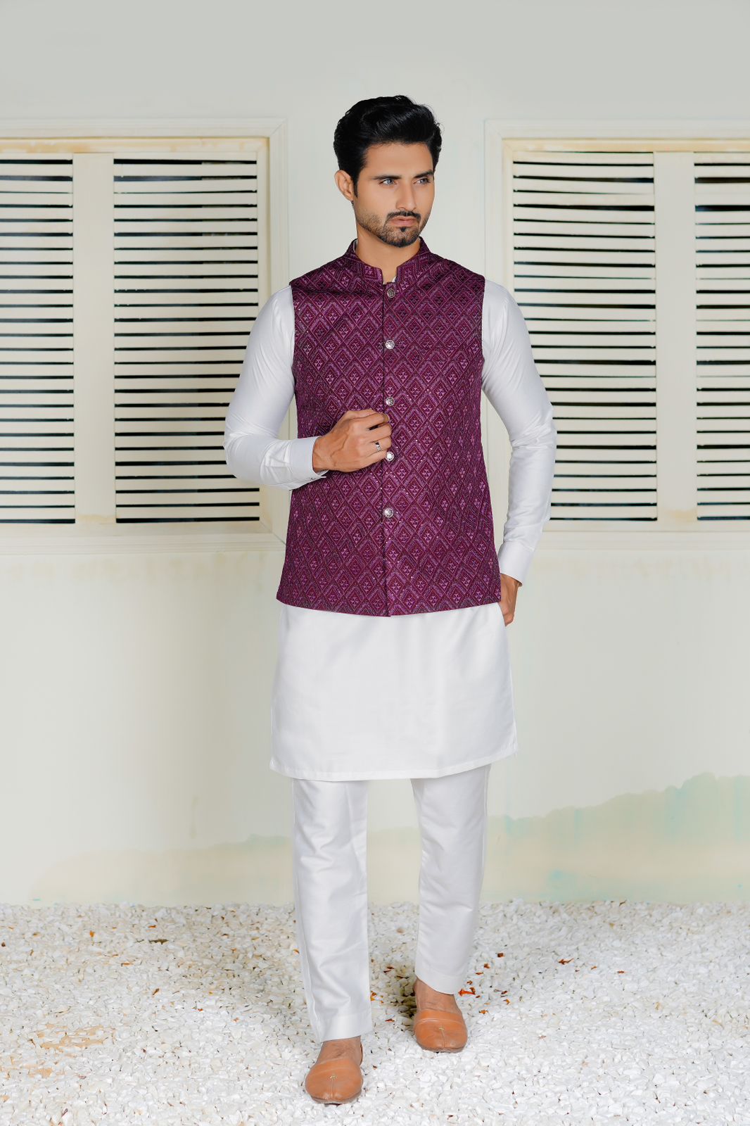 Maroon  Embroidered Waistcoat