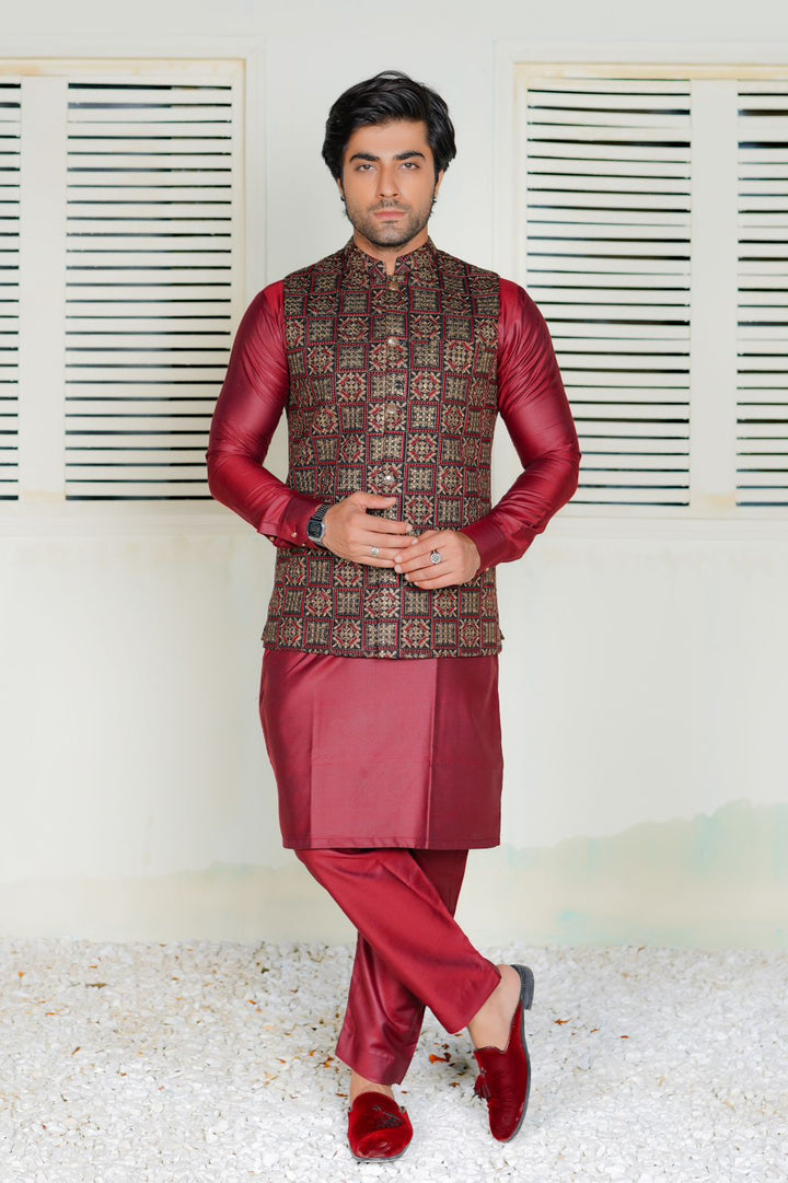 Maroon Embroidered Waistcoat